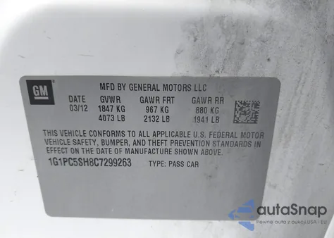 2012 Chevrolet Cruze Ls из США, поврежденный, VIN 1G1PC5SH8C7299263